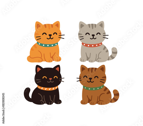 Flat vector illustration 4 soft toy cats with simple collar patterns rounded shapes bright colors