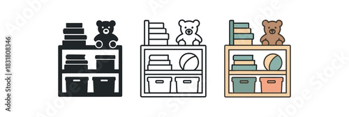 classroom tidy icons three shelf silhouettes with neatly stacked books toys and boxes one flat solid monochrome one thin black outline black and white one full color flat icon muted pastel