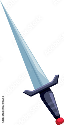 Cartoon illustration of a sharp medieval sword, pointed downward, ready for battle, with a gray blade, dark gray handle, and red pommel