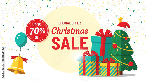 Colorful Christmas sale ad with decorated tree, wrapped gifts, balloon, golden bell, and confetti. Bold text announces “UP TO 70% OFF SPECIAL OFFER Christmas SALE”—ideal for holiday marketing campaign