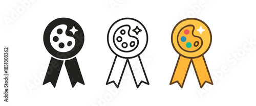 art award icons three medal or ribbon silhouettes with tiny paint palette and note centers one flat solid monochrome one thin black outline black and white one full color flat icon gold and