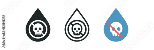 toxin free drop icons three icons with liquid drop and tiny skull shape crossed one flat solid monochrome one thin black outline black and white one full color flat icon with blue drop and