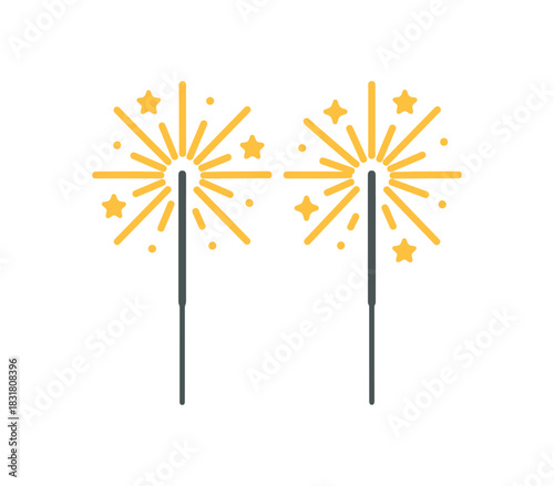 Flat vector illustration 2 sparklers with tiny stars rounded lines clean outline