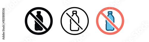 BPA free bottle icons three icons with rounded bottle outline and inner diagonal line forming no sign one flat solid monochrome one thin black outline black and white one full color flat