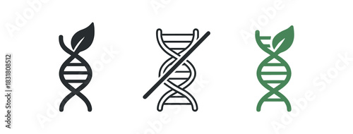 non GMO DNA icons three icons with stylized DNA helix and leaf helix crossed by diagonal bar one flat solid monochrome one thin black outline black and white one full color flat icon with