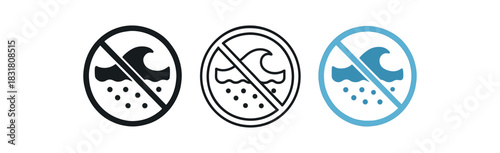 microplastic free wave icons three icons with water wave and tiny dots under circle crossed one flat solid monochrome one thin black outline black and white one full color flat icon blue