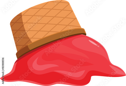 Red ice cream melting and dripping from its waffle cone on a white background