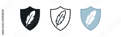 hypoallergenic feather icons three icons with feather and small shield one flat solid monochrome one thin black outline black and white one full color flat icon with light blue shield and