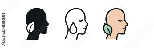 sensitive skin face icons three icons with simple profile face and tiny leaf or droplet near cheek one flat solid monochrome one thin black outline black and white one full color flat icon