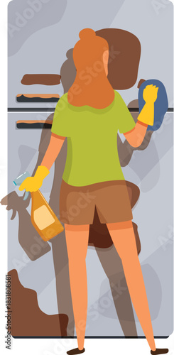 Woman wearing gloves cleaning dirty refrigerator with detergent and rag