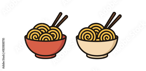 Flat vector illustration 2 noodles bowls with chopsticks rounded shapes clean outline