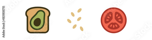 minimal icons avocado toast colored green and brown seed sprinkle colored beige tomato slice colored red