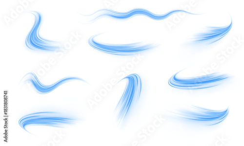 PNG bright blue curved streaks flow with motion across. Vector glowing lines create twisting trails and flowing light lines. Sparkling particles and neon streaks emphasize speed and dynamic motion. 