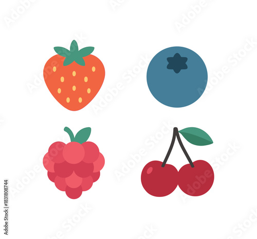 Flat vector illustration 4 berries set: strawberry blueberry raspberry cherry rounded shapes