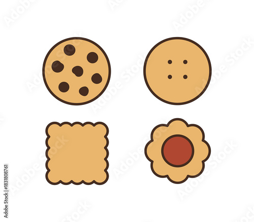 Flat vector illustration 4 cookies with minimal patterns rounded edges clean outline