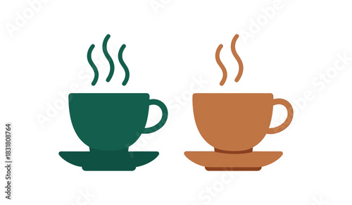 Flat vector illustration 2 tea cups with steam lines rounded shapes