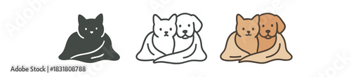 cozy pet icons three cat and dog silhouettes resting near blanket one flat solid monochrome one thin black outline black and white one full color flat icon soft home tones