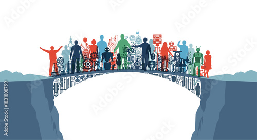Diverse group of people standing on a bridge connecting two sides, Generative AI.