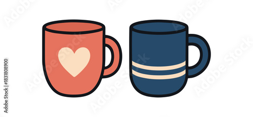 Flat vector illustration 2 mugs with minimal prints rounded forms