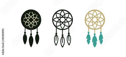 dream catcher icons three round dreamcatcher silhouettes with feather lines one flat solid monochrome one thin black outline black and white one full color flat icon beige and teal