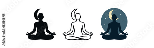 evening yoga icons three seated person silhouettes with moon behind one flat solid monochrome one thin black outline black and white one full color flat icon calm night palette