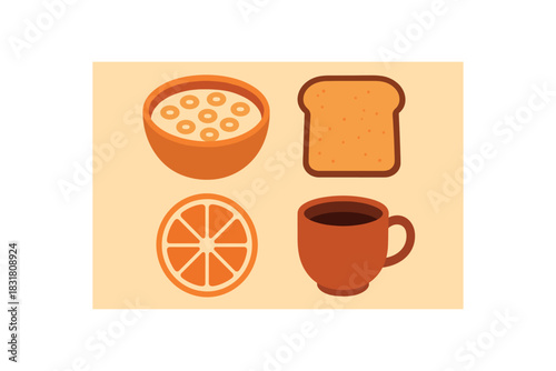 Flat vector illustration 4 breakfast items: cereal bowl toast fruit slice cup rounded shapes