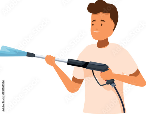 Professional cleaning service worker using pressure washer spraying water for cleaning