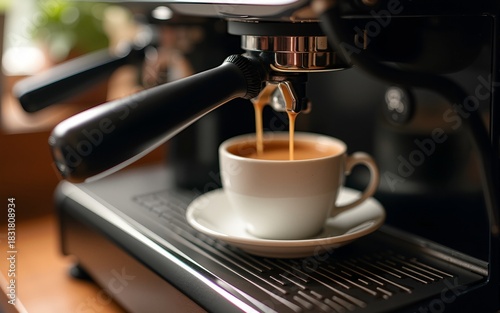 Cup of coffee on coffee maker machine. High quality