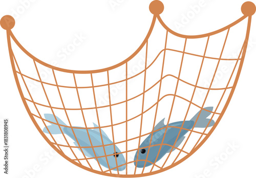 Two fish are caught in a fishing net, symbolizing a successful catch in the fishing industry