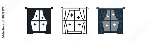 closed curtain icons three window silhouettes with drawn curtains and stars one flat solid monochrome one thin black outline black and white one full color flat icon dark navy and gray