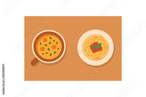 Flat vector illustration 2 hot dishes: soup plate and pasta plate rounded forms
