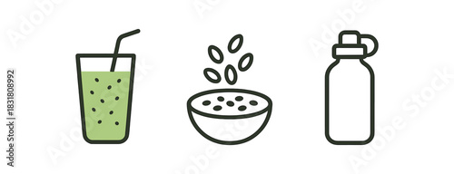 minimal icons green smoothie black outline chia seeds black outline reusable bottle black outline