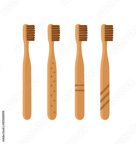 Flat vector illustration 4 bamboo toothbrushes with simple handle patterns rounded shapes zero contain theme