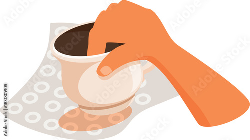 Hand lifting a ceramic mug containing a hot beverage, placed on a patterned placemat