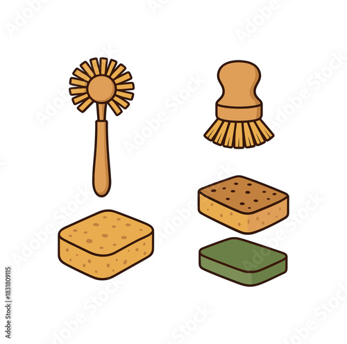 Flat vector illustration 4 eco dish brushes and sponges rounded shapes clean outline zero contain