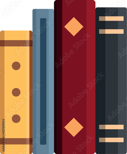 Four colorful books are standing upright, showcasing a collection of literature for education and reading enjoyment