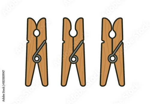 Flat vector illustration wooden clothespins and laundry pegs rounded shapes clean outline zero contain