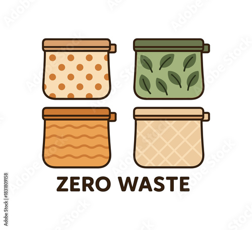 Flat vector illustration 4 reusable snack bags with simple patterns rounded corners zero contain theme