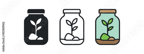 terrarium hobby icons three glass jar silhouettes with small plant and stone one flat solid monochrome one thin black outline black and white one full color flat icon green and brown