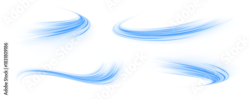 PNG bright blue curved streaks flow with motion across. Vector glowing lines create twisting trails and flowing light lines. Sparkling particles and neon streaks emphasize speed and dynamic motion. 