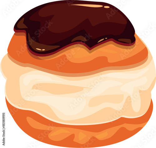 Round cream puff with chocolate ganache and overflowing filling cream on a white background