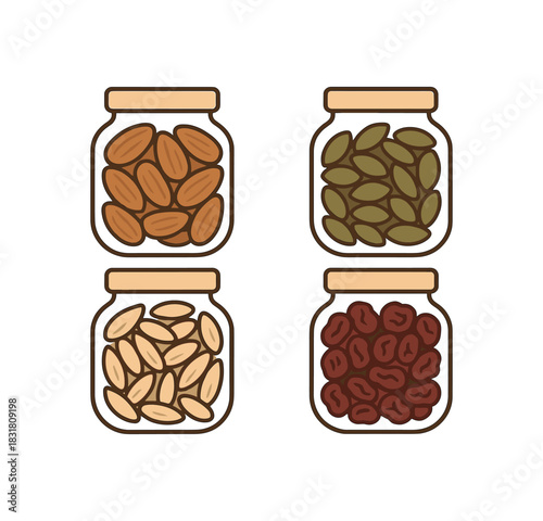 Flat vector illustration 4 refill jars with nuts seeds and dried fruit rounded shapes zero contain