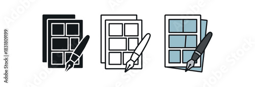 comic drawing hobby icons three page silhouettes with small panel layout and pen one flat solid monochrome one thin black outline black and white one full color flat icon black white and
