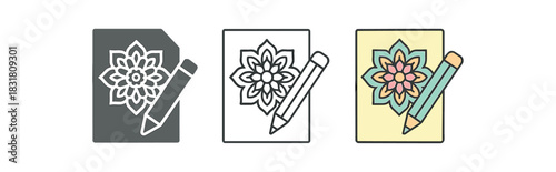 mindfulness coloring hobby icons three coloring page silhouettes with mandala outline and pencil one flat solid monochrome one thin black outline black and white one full color flat icon
