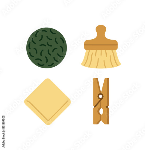 Flat vector illustration 4 eco laundry tools: ball brush cloth peg rounded forms zero contain