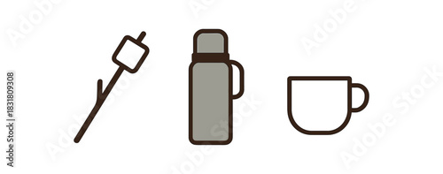 minimal icons marshmallow stick colored brown thermos colored gray cup colored white