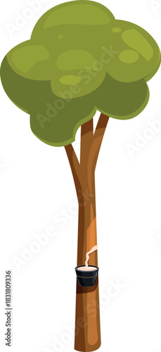 Latex dripping into a cup attached to a rubber tree in a sustainable plantation