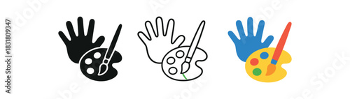 kids art time icons three child handprint and paint palette silhouettes with brush one flat solid monochrome one thin black outline black and white one full color flat icon bright primary