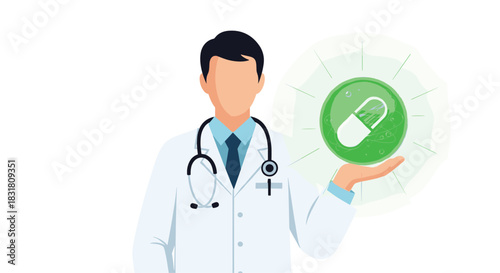 Doctor holding a green pill icon representing healthcare and medicine, Generative AI.