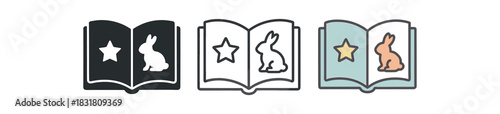 early reading icons three open picture book silhouettes with small and animal shape one flat solid monochrome one thin black outline black and white one full color flat icon pastel